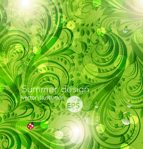 abstraktní světlé letní nebo letní květinové pozadí vektor s květinami, berušky a slunce svítí - Vektor, obrázek