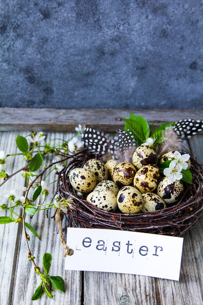 Easter eggs, quail eggs, flowers - Foto, imagen