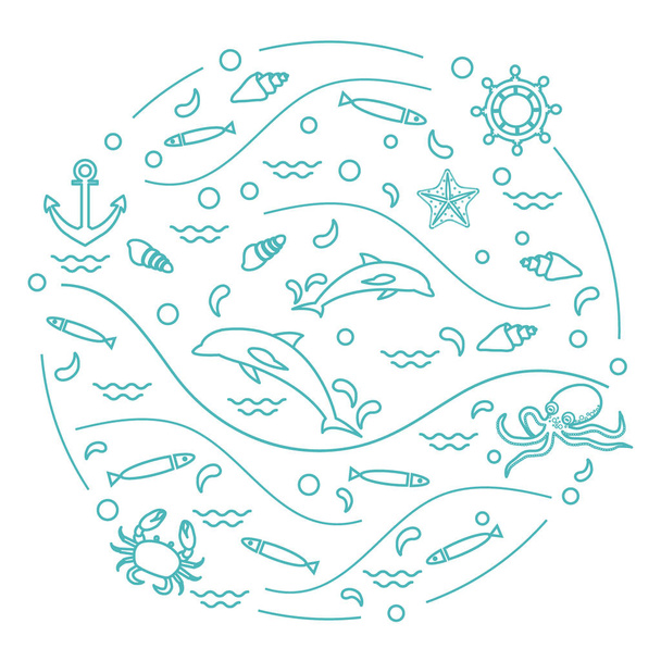 Cute vector illustration with dolphins, octopus, fish, anchor, h - Διάνυσμα, εικόνα
