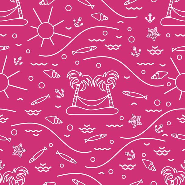 Cute seamless pattern with fish, island with palm trees and a ha - ベクター画像