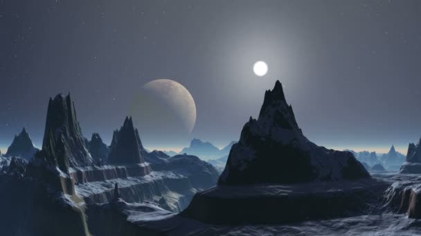 Sunset over Alien Planet. Bright sun in a halo quickly sits down at the misty horizon. On a dark starry sky big moon. High snow-covered rocks with sharp peaks stand among the foggy lakes.  - Footage, Video