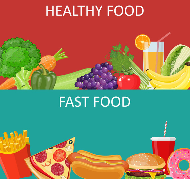 zdravé potraviny a rychlé občerstvení koncepce nápis - Vektor, obrázek