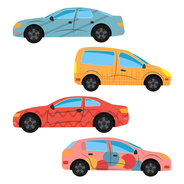 ein Satz von vier Autos in verschiedenen Farben lackiert - Vektor, Bild