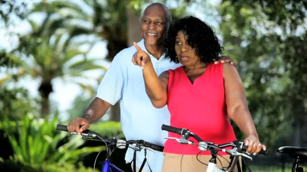 Ethnic senior couple keeping fit on bicycles - Footage, Video