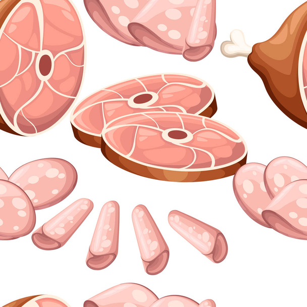Naadloze patroon van vlees product collectie worsten gerookte vlees ham en en gesneden stukken platte vectorillustratie geïsoleerd op een witte achtergrond met plaats voor uw website pagina en app tekstontwerp - Vector, afbeelding