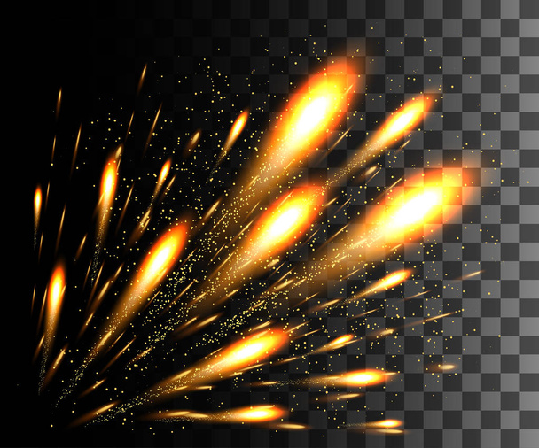Glowing collection. Golden firework, light effects isolated on transparent background. Sunlight lens flare, stars. Shining elements. Holiday fireworks. Vector illustration - Vector, Image