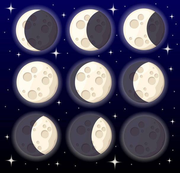 Set of different moon phases space object natural satellite of the earth vector illustration isolated on style background web site page and mobile app design - Vektor, kép