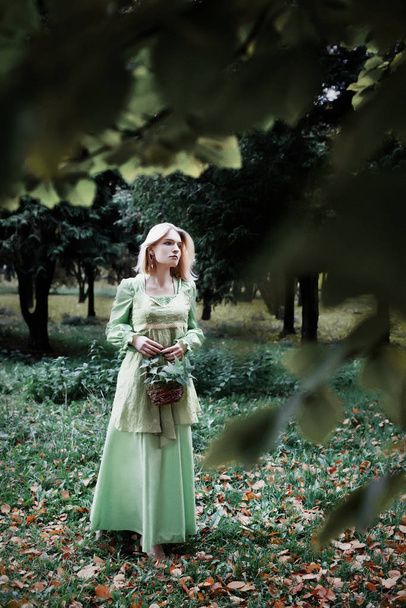 Mavka. A beautiful woman in a green dress is walking through the forest. - Fotografie, Obrázek