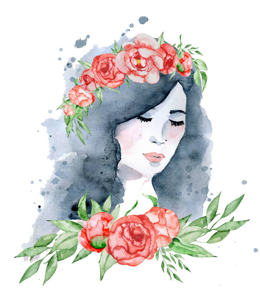 Dziewczyna piękna akwarela z ciemnymi włosami i wieniec kwiatowy, kwiaty czerwone i indygo piwonia - Zdjęcie, obraz