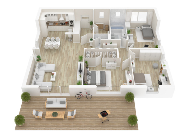 Plano vista superior. Apartamento interior aislado sobre fondo blanco. Renderizado 3D
 - Foto, Imagen