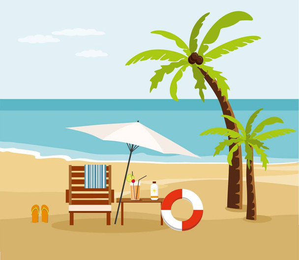 Utazókocsi Lebzsel és napernyő a strandon. Nyári pihenés és idegenforgalom - Vektor, kép