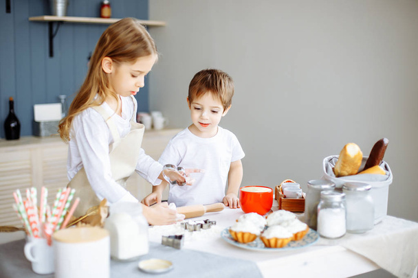 Happy family sister and brother baking cookies in the kitchen - Фото, изображение