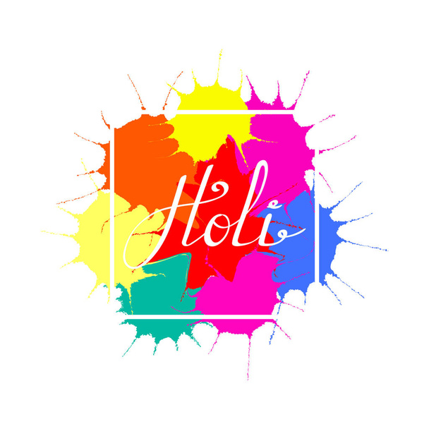 Hand written quote Holi with colorful paint splashes isolated on white background, vector, illustration - Vetor, Imagem