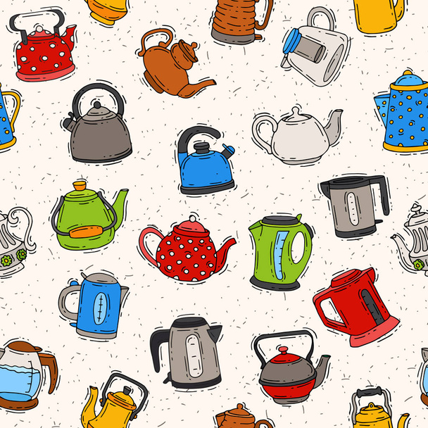 Teapot and kettle vector teakettle to drink tea on teatime and boiled coffee beverage in electric boiler in kitchen illustration kitchenware set seamless pattern background - Vecteur, image