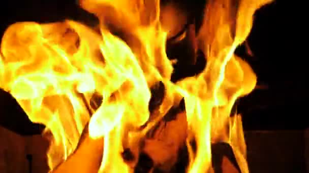 Vuur verbranden In de open haard, vlammen en brandend hout, Super Slow Motion 180 Fps - Video