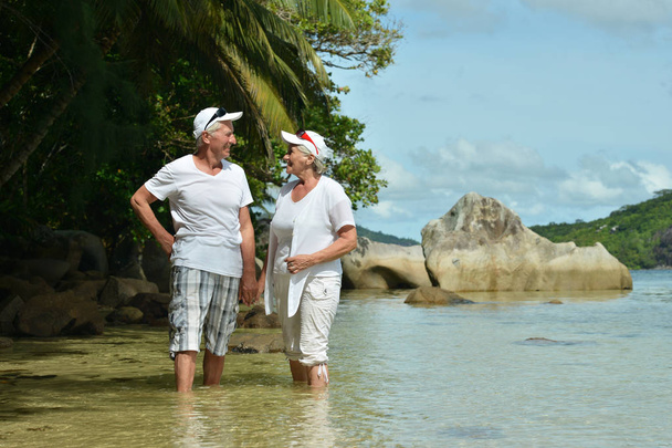 Tropik Sahilde yürüyüş mutlu yaşlı çift - Fotoğraf, Görsel