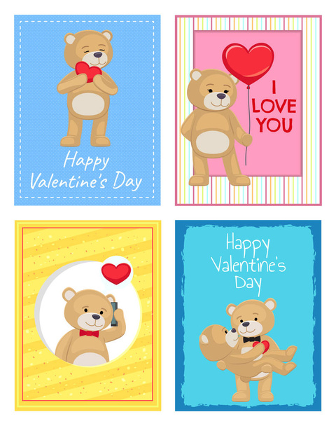 Happy Valentines Day Postcards with Soft Bears - Vettoriali, immagini