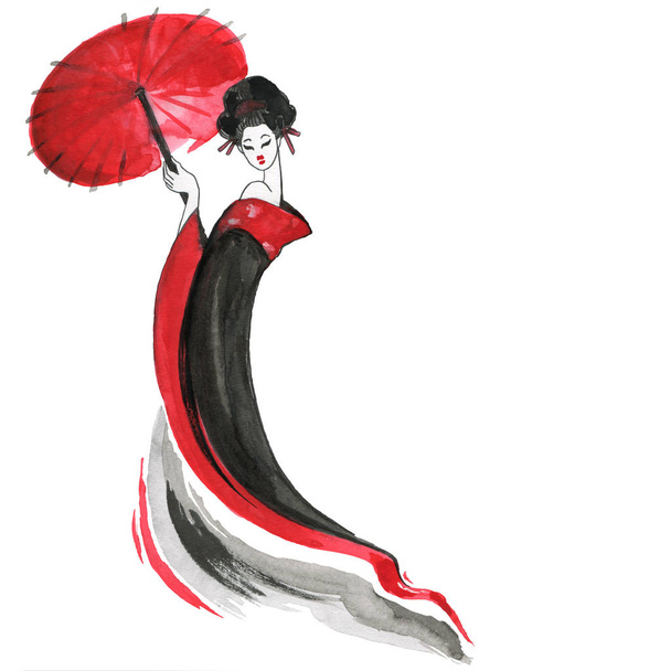 Geisha. Chinese style. Watercolor hand painting illustration - Photo, Image