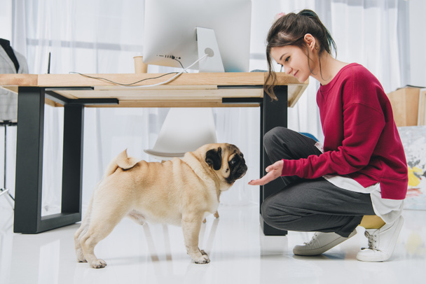 Young woman playing with pug by working table - Photo, Image