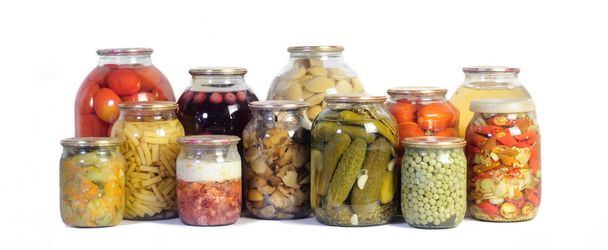 collection various canned vegetables in glass jars isolated on w - Foto, Imagem