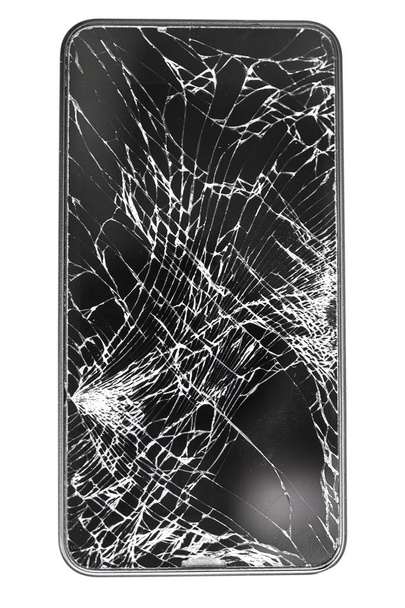 Broken glass screen mobile phone in black on white isolated back - Photo, Image