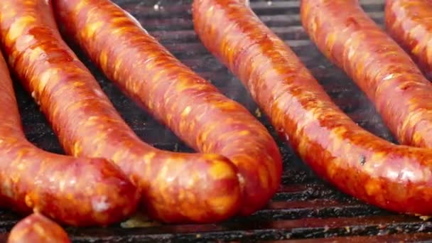 Жирна та калорійна їжа - М'ясо на грилі, свинячі ковбаски та м'ясо на грилі, 4k Video Clip
 - Кадри, відео