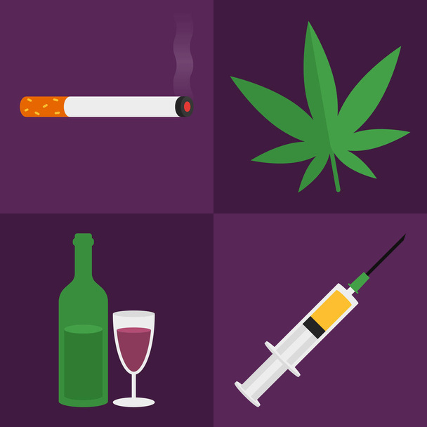 Un cigarrillo. Marihuana. Alcohol. Jeringa de drogas. Conjunto de iconos. Set Obj
 - Vector, imagen