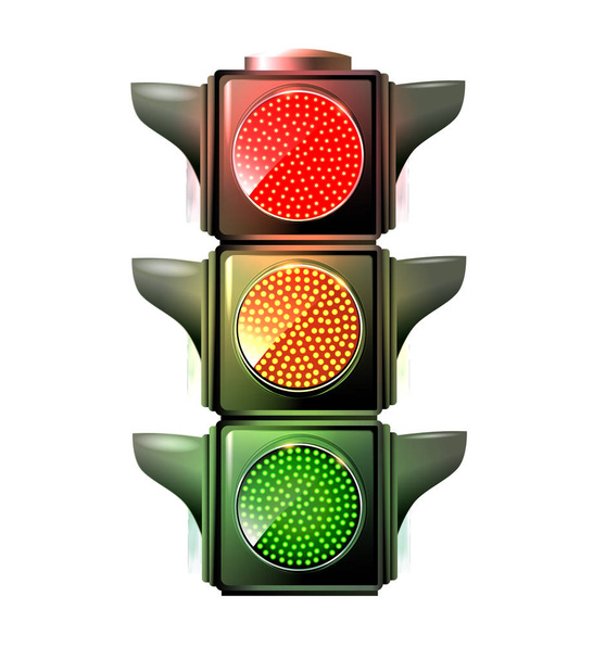 Светофоры с красным, желтым и зеленым светом на белом фоне - Вектор,изображение