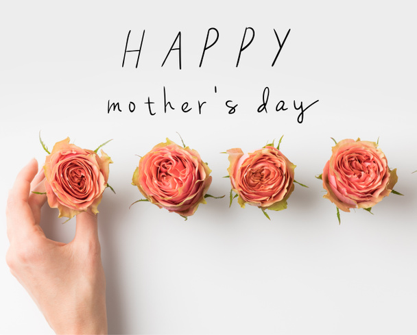 hand aanraken van roze roze knoppen geplaatst in rij met Happy Mothers Day inscriptie geïsoleerd op wit - Foto, afbeelding