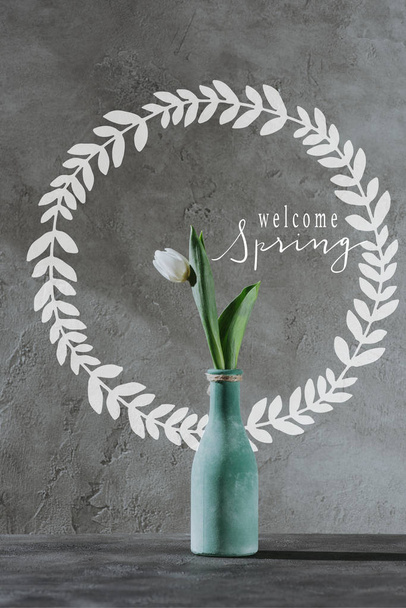 tulipe printanière blanche en vase bleu et inscription BIENVENUE PRINTEMPS sur surface grise
 - Photo, image