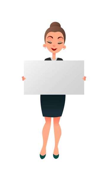 Γυναίκα διευθυντής ή δάσκαλος που κρατάει έναν λευκό πίνακα ενάντια σε λευκό φόντο. Επιχειρηματίας κατέχει μια οριζόντια αφίσα. Λέκτορας δείχνει κενό πινακίδα με copyspace. - Διάνυσμα, εικόνα