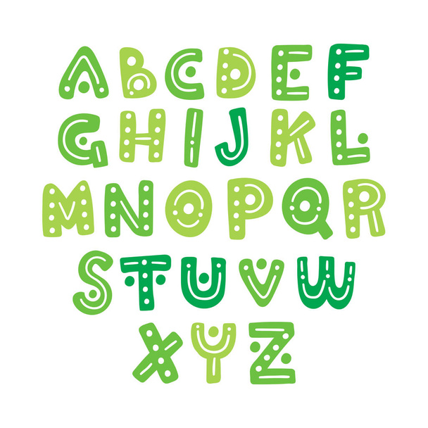 Cute hand drawn vector alphabet. Green isolated decorative funny letters. Set of elements for lettering and prints design - Vektor, obrázek