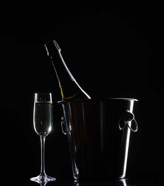 Champagne glasses set on black background - Fotoğraf, Görsel