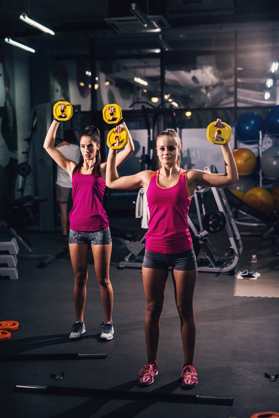 two young healthy sporty women exercising with weights in gym - Фото, зображення
