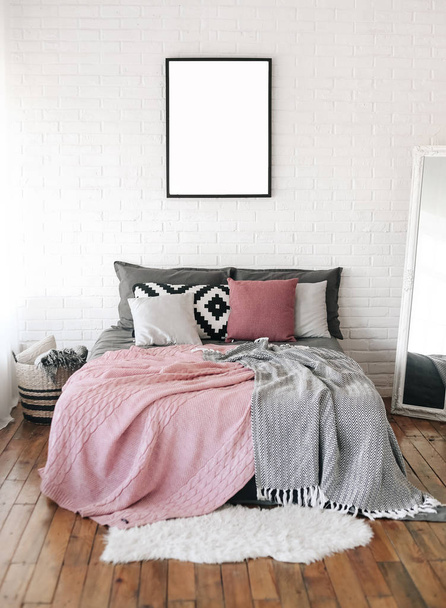 bedroom interior bed  Scandinavian free writing - Фото, зображення