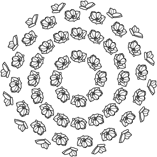 vektor černé a bílé květy ve tvaru kruhu, vektorové černé a bílé květy ve tvaru kruh na bílém pozadí ve stylu tetování - Vektor, obrázek