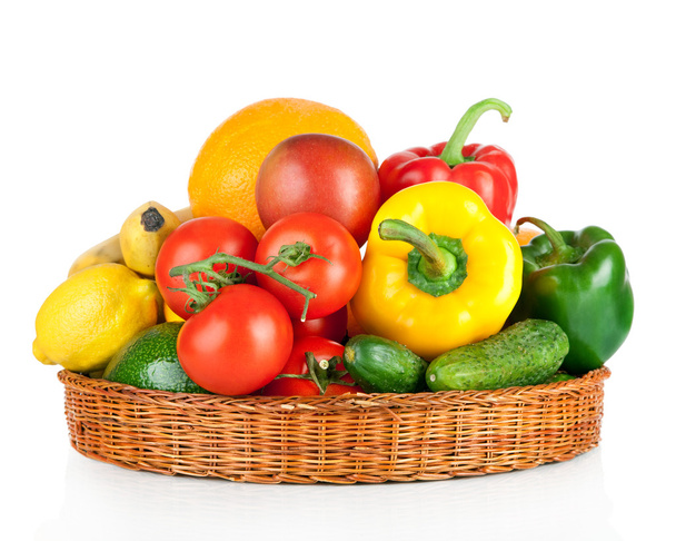 fruits and vegetables in basket isolated on a white background - Photo, Image