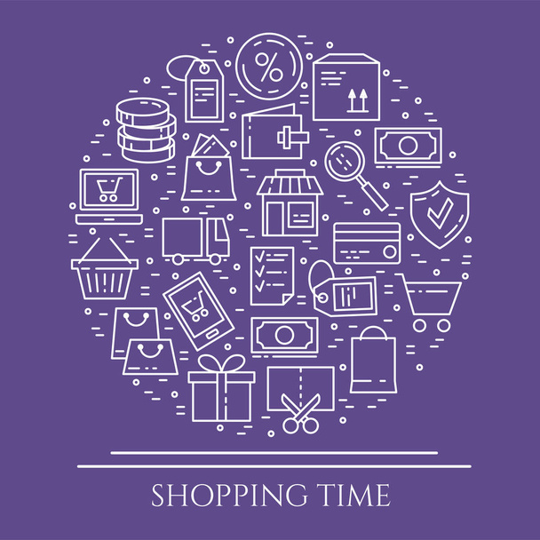 Торговая тема фиолетовый горизонтальный баннер. Пиктограммы сумки, кредитной карточки, магазина, доставки, наличных денег, кошелька, карточки, стикера, других элементов, связанных с покупками. Векторная иллюстрация
 - Вектор,изображение