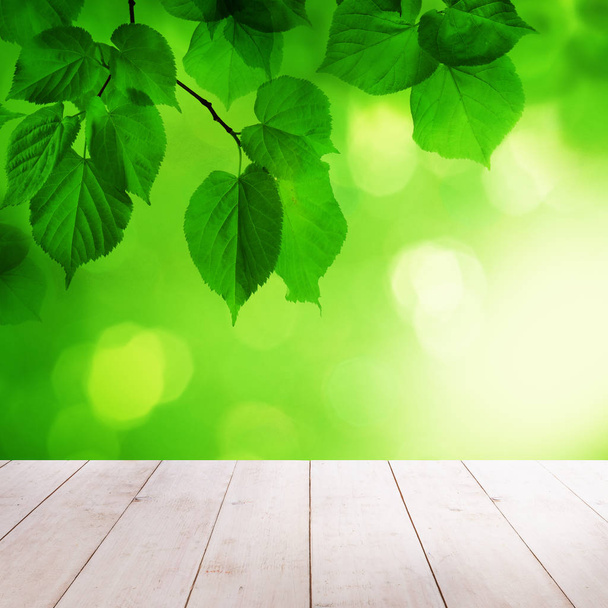 Yeşil bahar arka plan ile boş bir beyaz ahşap tablo - Fotoğraf, Görsel
