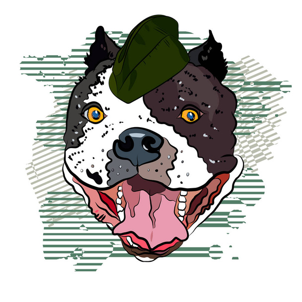 Hond in een cap. Komisch affiche voor 23 februari. Vector afdrukken. - Vector, afbeelding