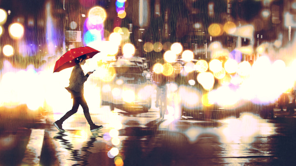 νεαρή γυναίκα να ακούτε μουσική στο τηλέφωνό της και κρατώντας μια κόκκινη ομπρέλα διασχίζει ένα δρόμο της πόλης, στη βροχερή νύχτα, ψηφιακή τέχνη στυλ, εικονογράφηση, ζωγραφική - Φωτογραφία, εικόνα