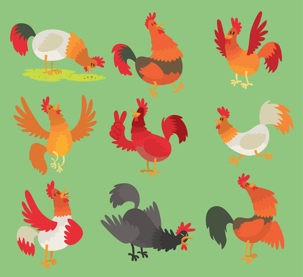 Vector rooster cock chicken cartoon character illustration. Rooster isolated on background. Farm animal bird symbol rooster, cock farm bird different pose - Vector, Image