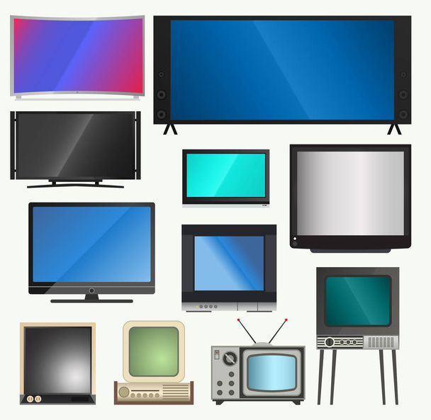 TV vector scherm lcd monitor en een laptop, tablet pc, retro sjablonen. Elektronische apparaten Tv schermen infographic. Technologie digitaal apparaat tv-schermen, diagonale grootte weergeven vectorillustratie - Vector, afbeelding