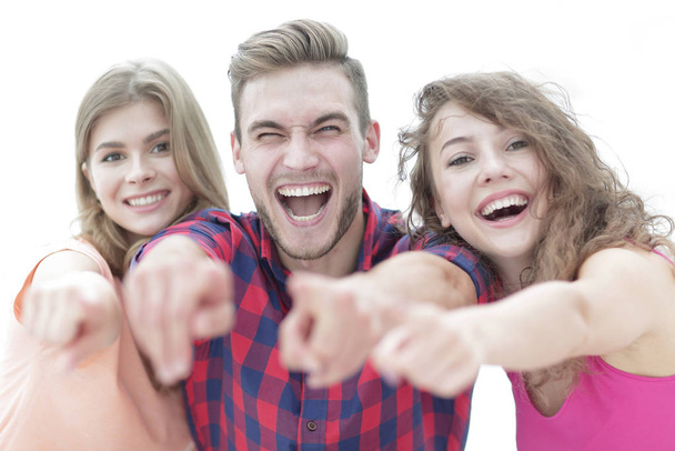 closeup of three happy young people showing hands forward - Фото, изображение