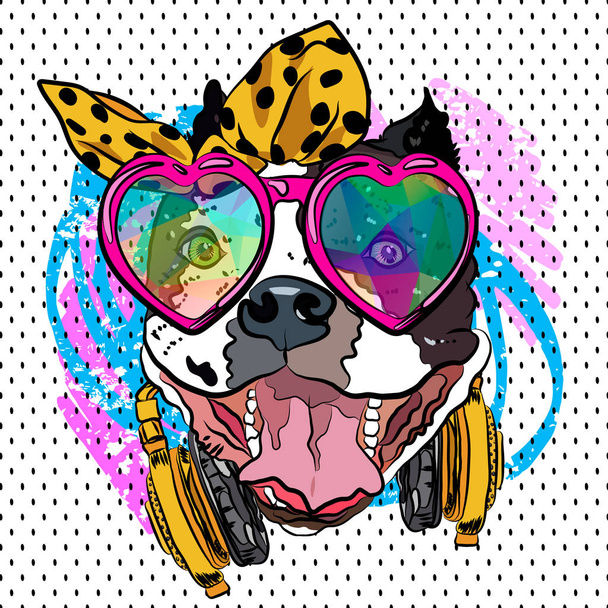 Cartoon dog print. Fun poster. Sketch vector comic portrait. Cool girl. - Vector, Image