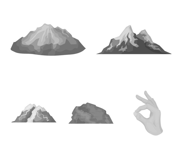 Mountains in the desert, a snowy peak, an island with a glacier, a snow-capped mountain. Different mountains set collection icons in monochrome style vector symbol stock illustration web. - Vektor, kép