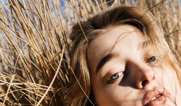beautiful blue-eyed girl blonde posing in the sun in the field - Foto, imagen