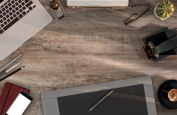 Pracovní prostor úřadu s notebookem, šablony sady, pera tabletu a smartphonu na dřevěný stůl. Pohled shora. Byt leží. 3D obrázek - Fotografie, Obrázek