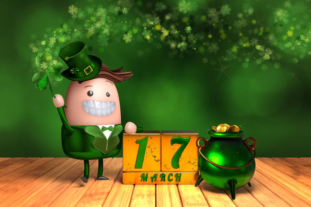 3d rendering of the cute leprechaun holding a shamrock with bloc - Photo, Image