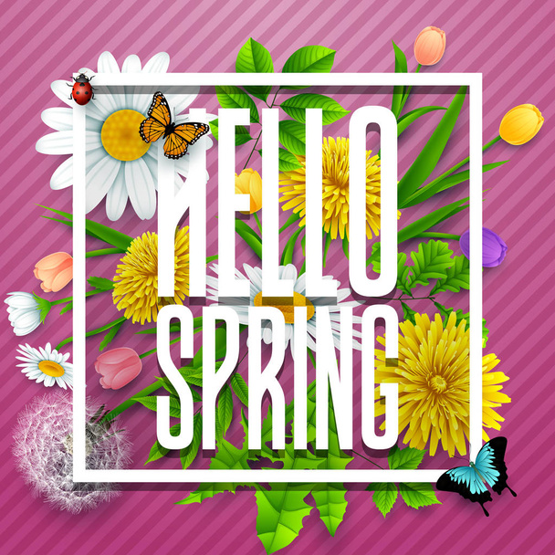 Olá Primavera fundo com flores e insetos em listrado fundo roxo
 - Vetor, Imagem